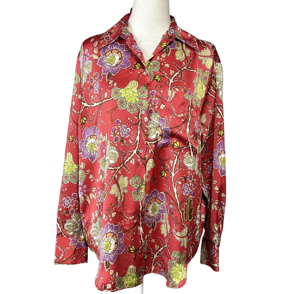 Zara Shirt Womens S Red Floral Satin Button Up Long Sleeve Relaxed Boho Top